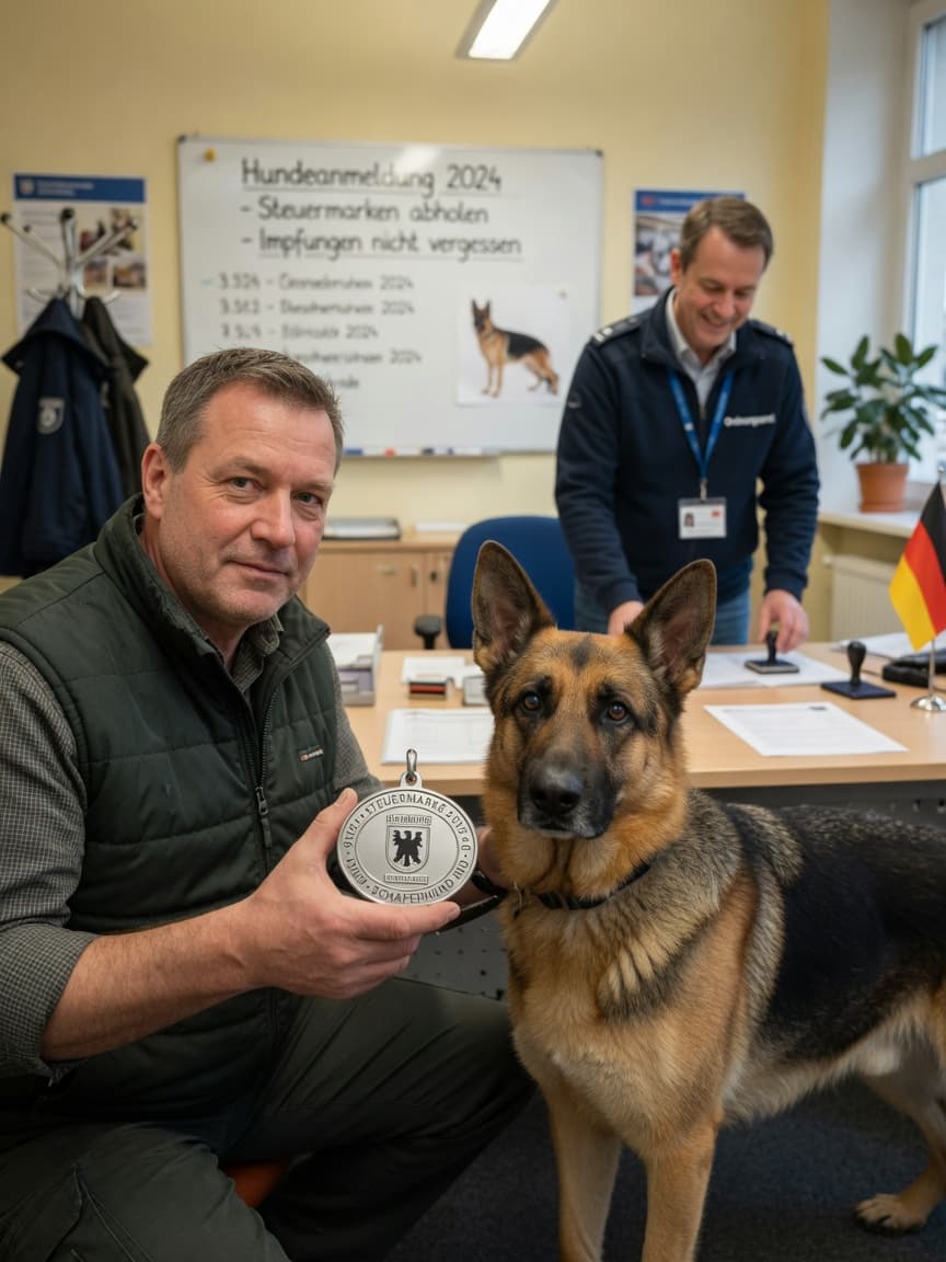 Dog owner displaying a metal Steuermarke license tag beside a German Shepherd at a German municipal registration office