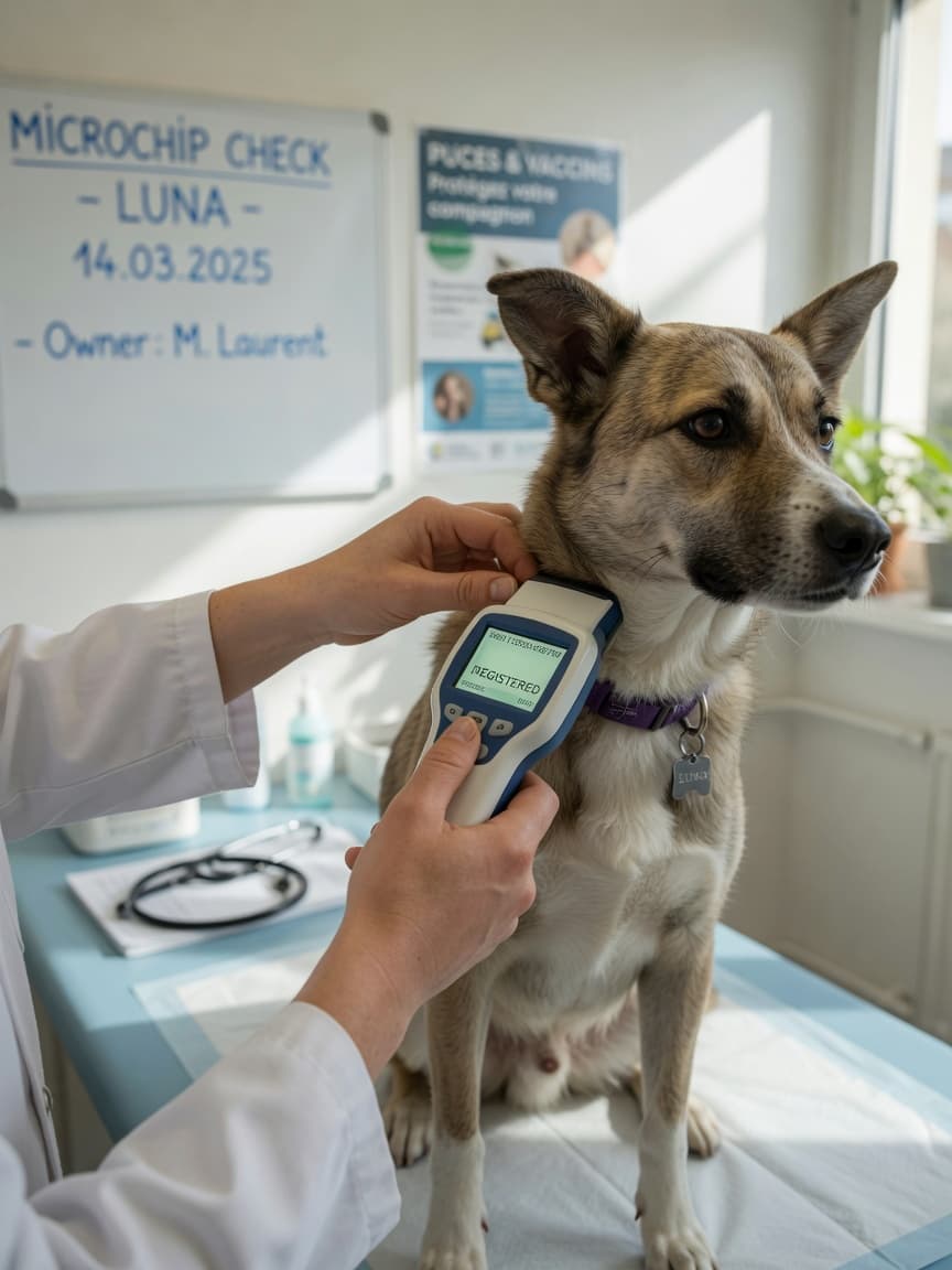 Veterinarian scanning a dog's microchip during a registration check-up in a clinic setting