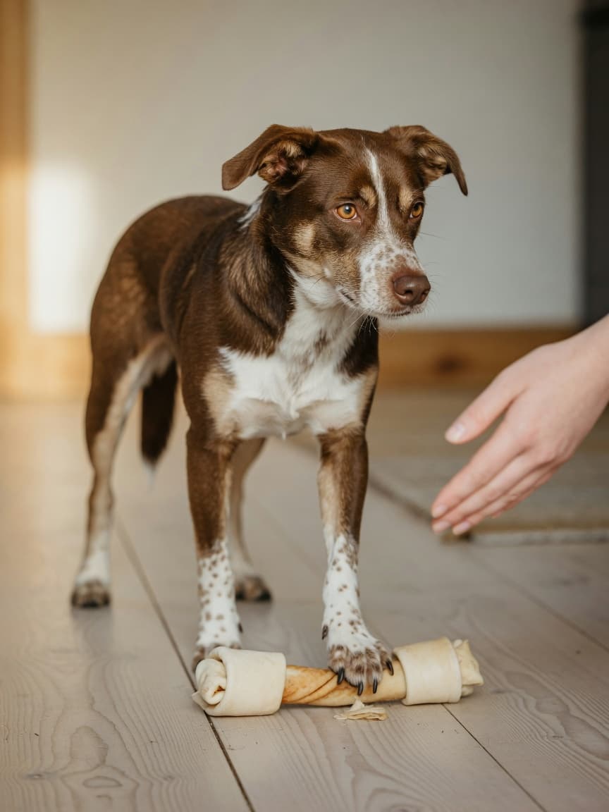 Dog frozen defensively over a chew toy with hard stare as hand approaches, showing early resource guarding warning signal