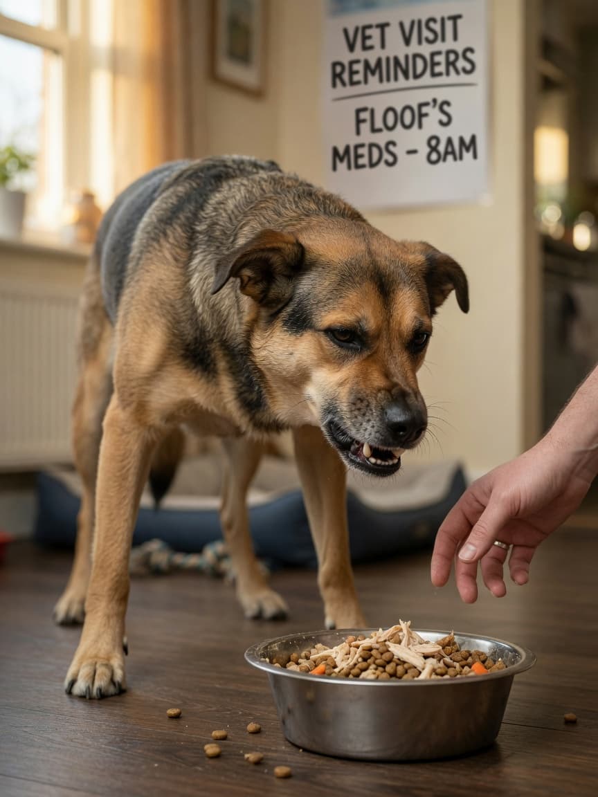 Dog showing resource guarding behavior while eating, stiffening over food bowl with warning growl as human hand approaches cautiously