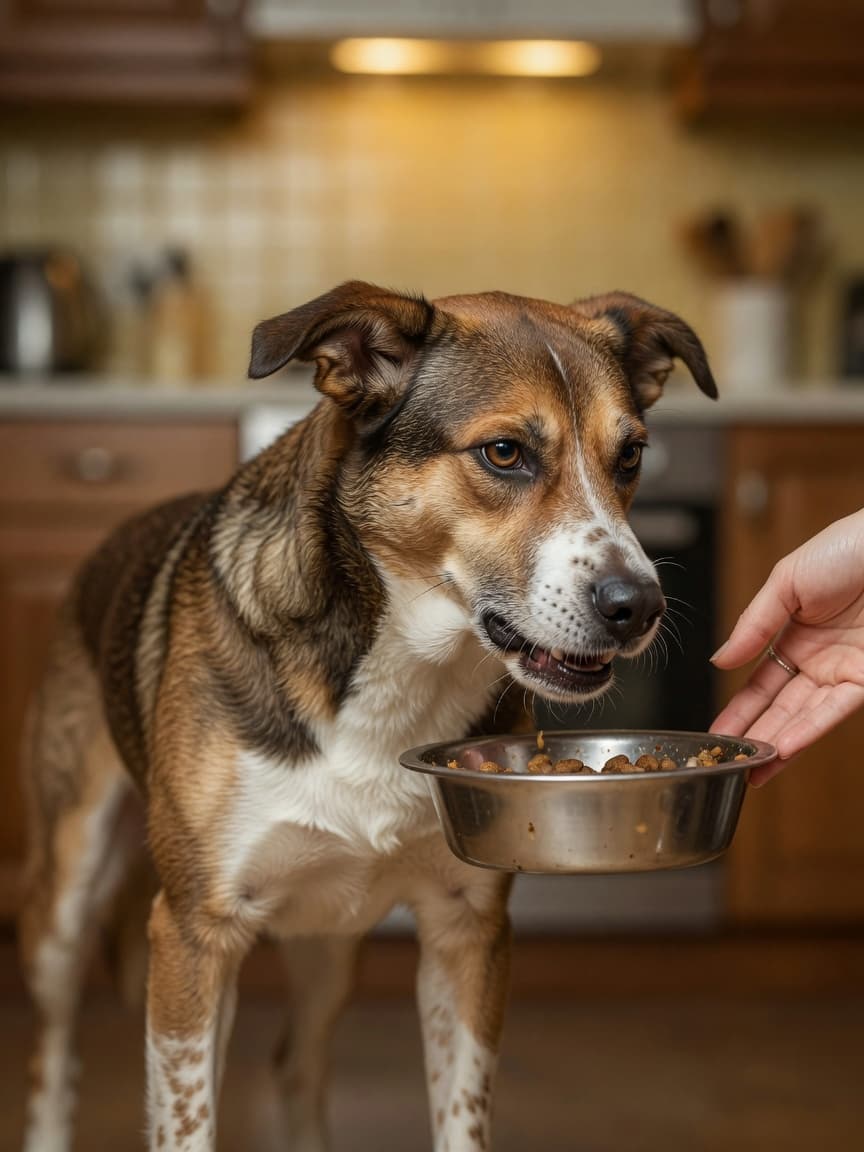Dog with tense body language freezing over food bowl as human hand approaches, demonstrating resource guarding behavior