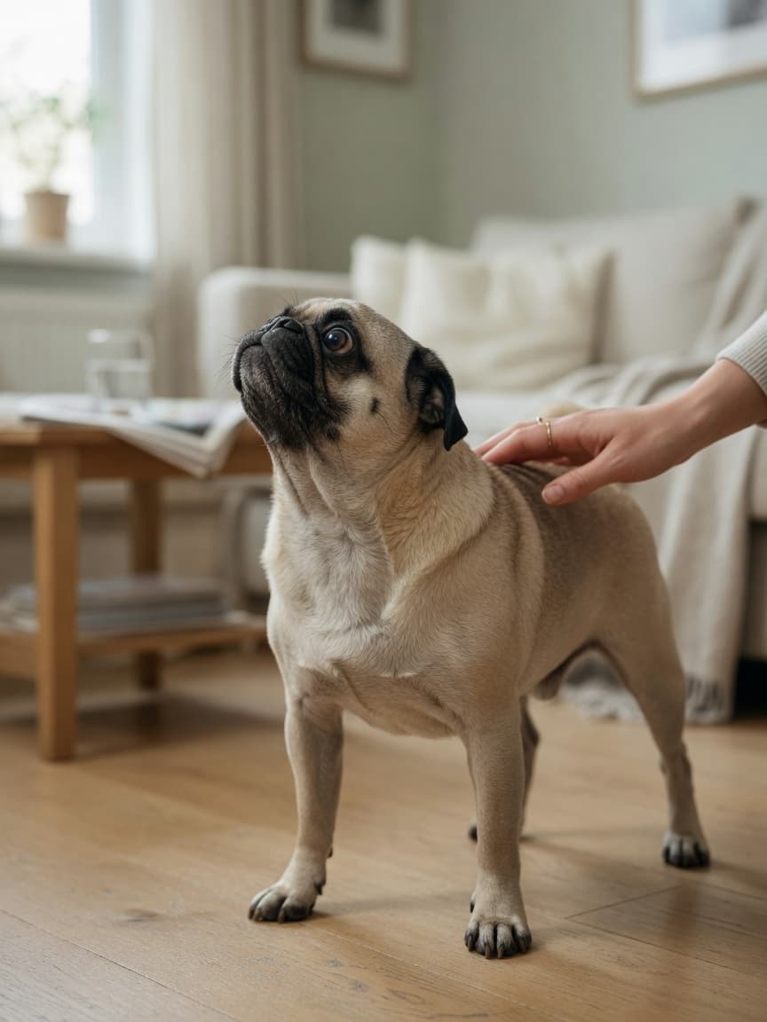 Pug in mid-reverse sneeze with extended neck and closed mouth, owner's hand nearby for reassurance