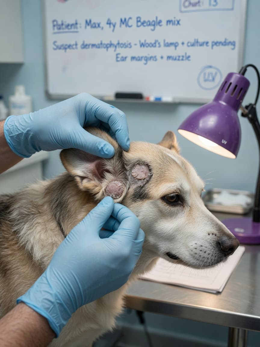 Veterinarian examining a dog's ear and face for ringworm lesions during clinical examination