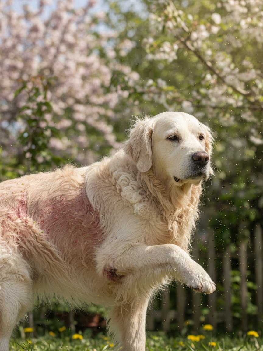 Golden Retriever scratching at inflamed skin while pollen floats in a spring garden setting