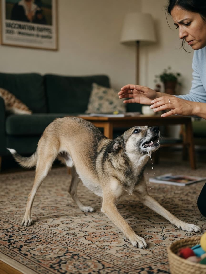Dog experiencing a seizure with convulsions, owner's hands safely positioned nearby without touching