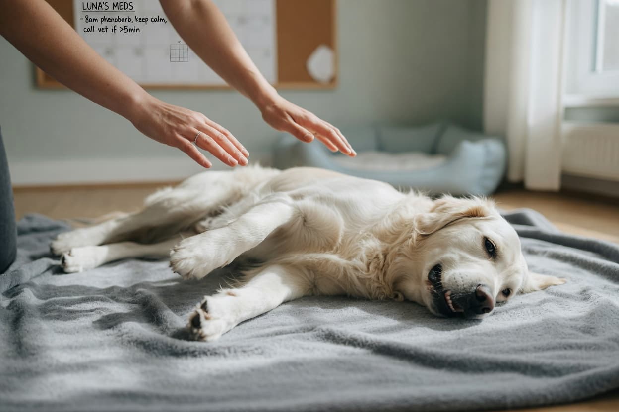 Golden Retriever having a generalized seizure on a soft blanket with owner's hands nearby, showing involuntary muscle contractions during the ictal phase