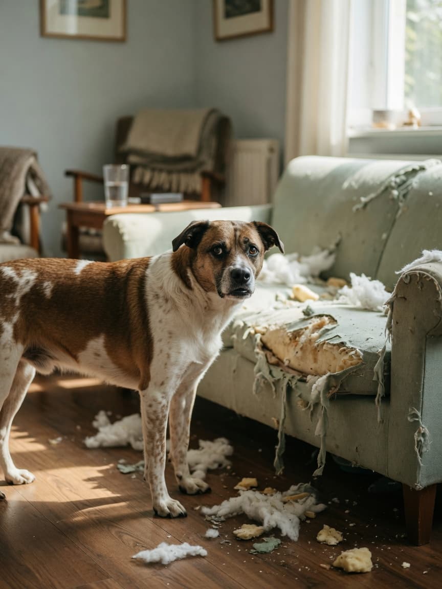 Anxious dog standing beside a chewed sofa with torn cushions, illustrating separation anxiety destruction