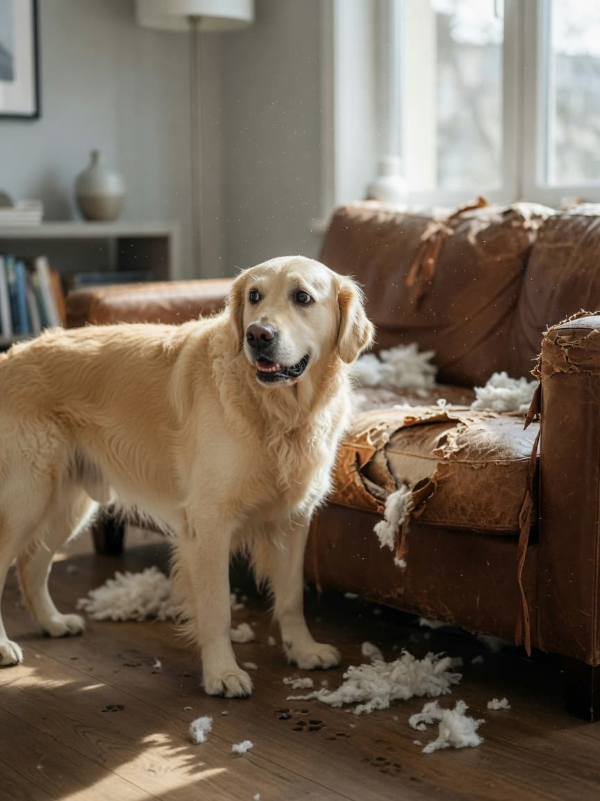 Anxious golden retriever near chewed sofa cushion, depicting separation anxiety damage