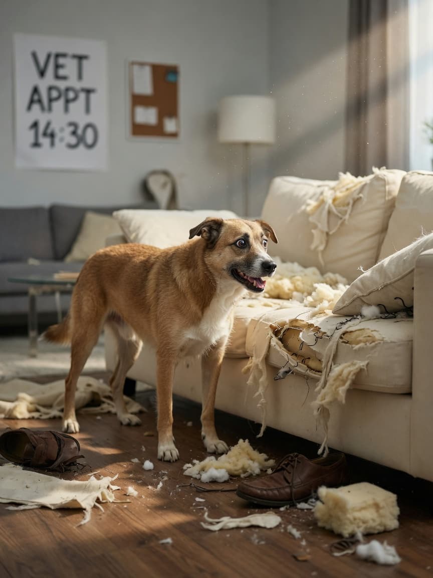 Anxious dog standing beside a torn sofa with destroyed cushions, showing distress behaviors