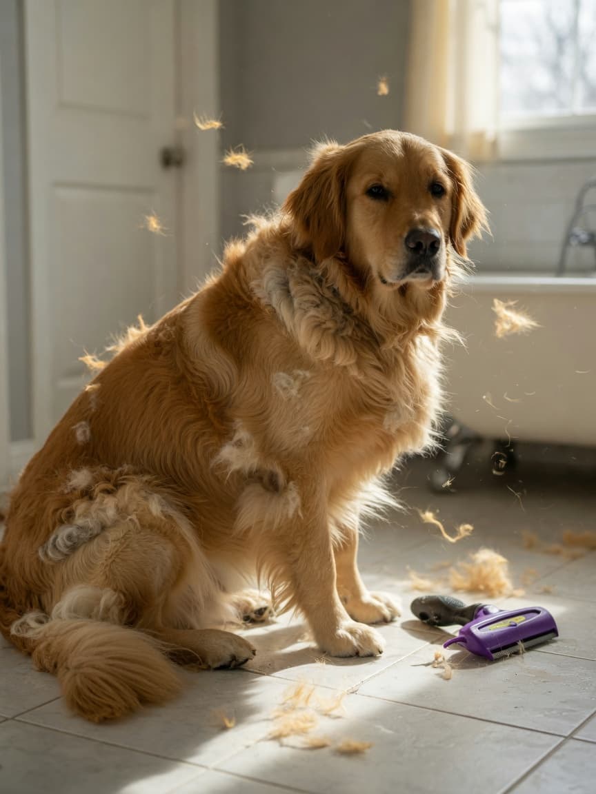 Golden retriever surrounded by shed fur on bathroom floor with deshedding tool nearby, illustrating dog shedding management