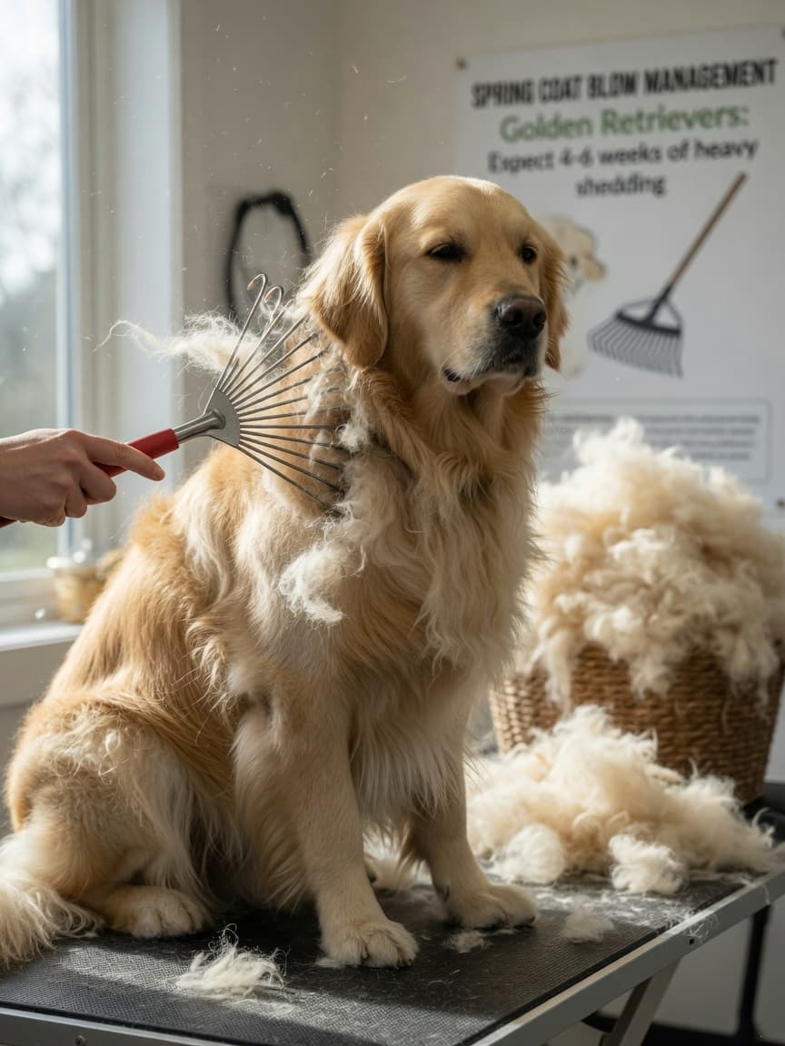 Golden Retriever being deshedded with an undercoat rake, showing clumps of loose undercoat being removed during seasonal coat blow
