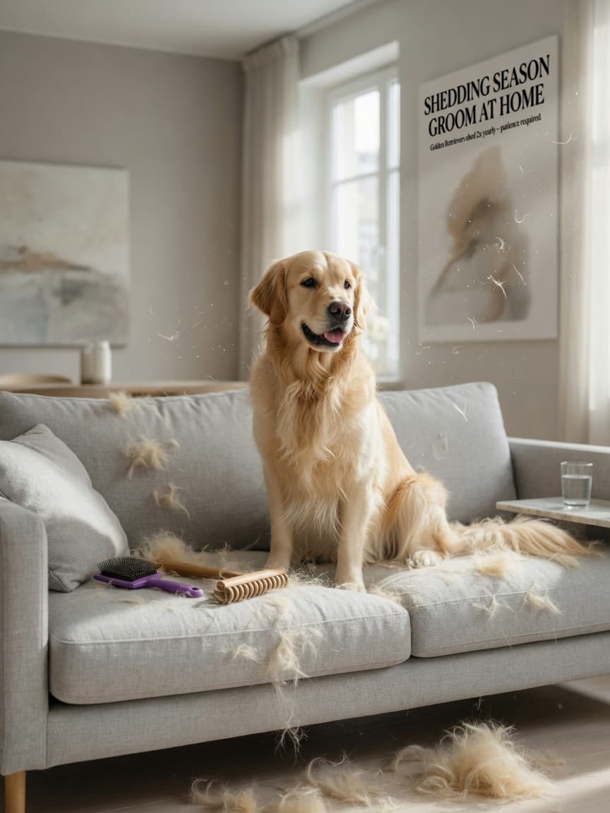Golden Retriever sitting on a sofa surrounded by shed fur, with grooming tools nearby and natural light highlighting the shedding cycle