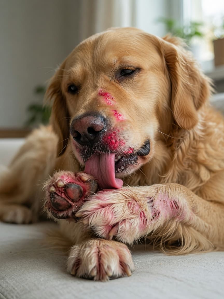 A Golden Retriever with visible skin irritation and redness around its muzzle and paws, actively licking and chewing at its front legs in distress