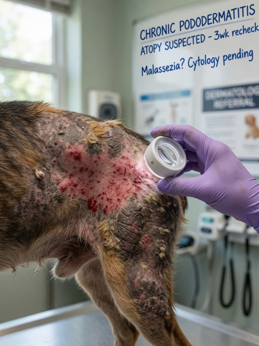 Close-up of a dog's irritated skin with visible inflammation and hair loss being examined by a veterinarian's gloved hand with a dermatoscope in a bright clinic setting