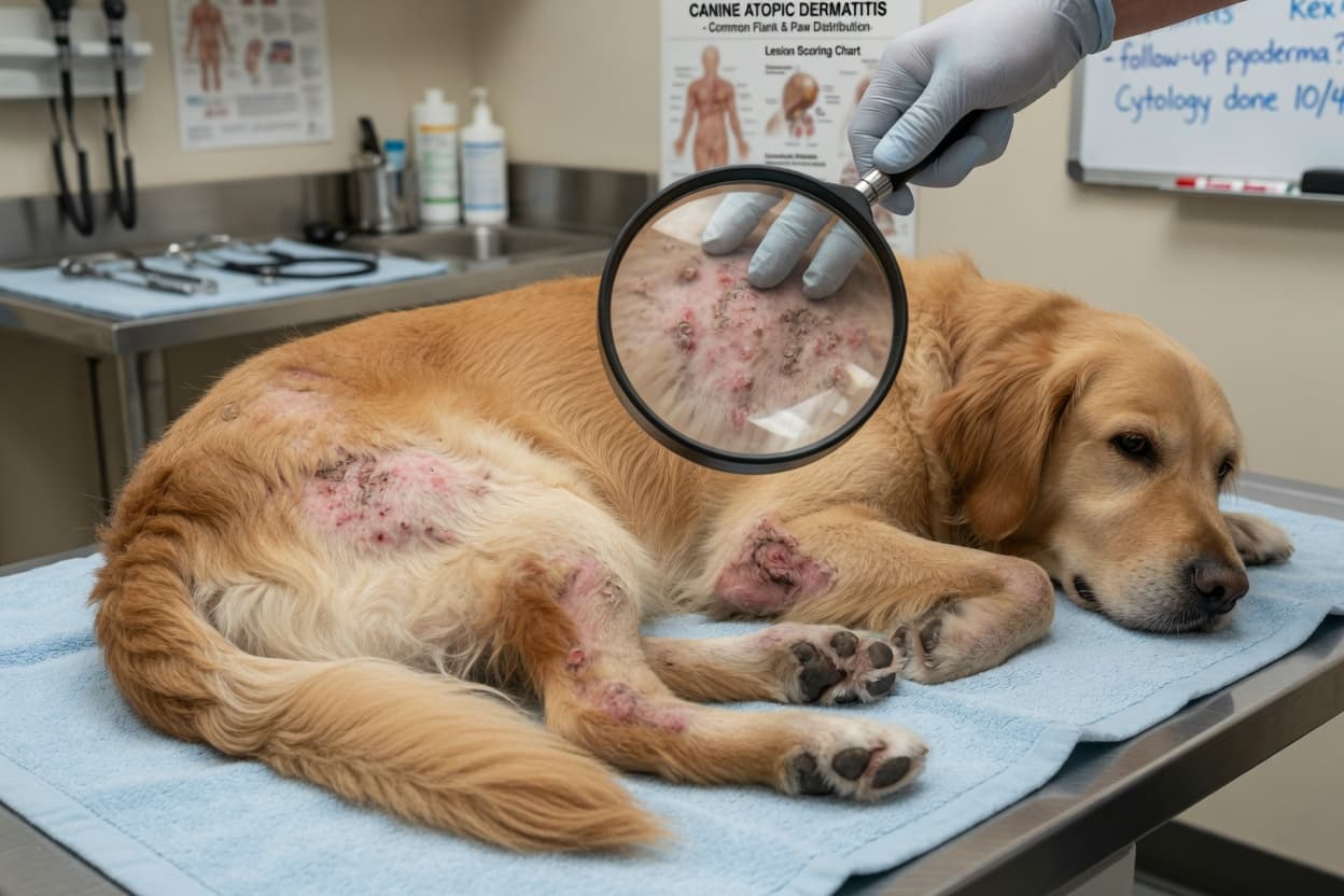 Veterinarian examining a Golden Retriever's skin condition with magnifying lens on examination table