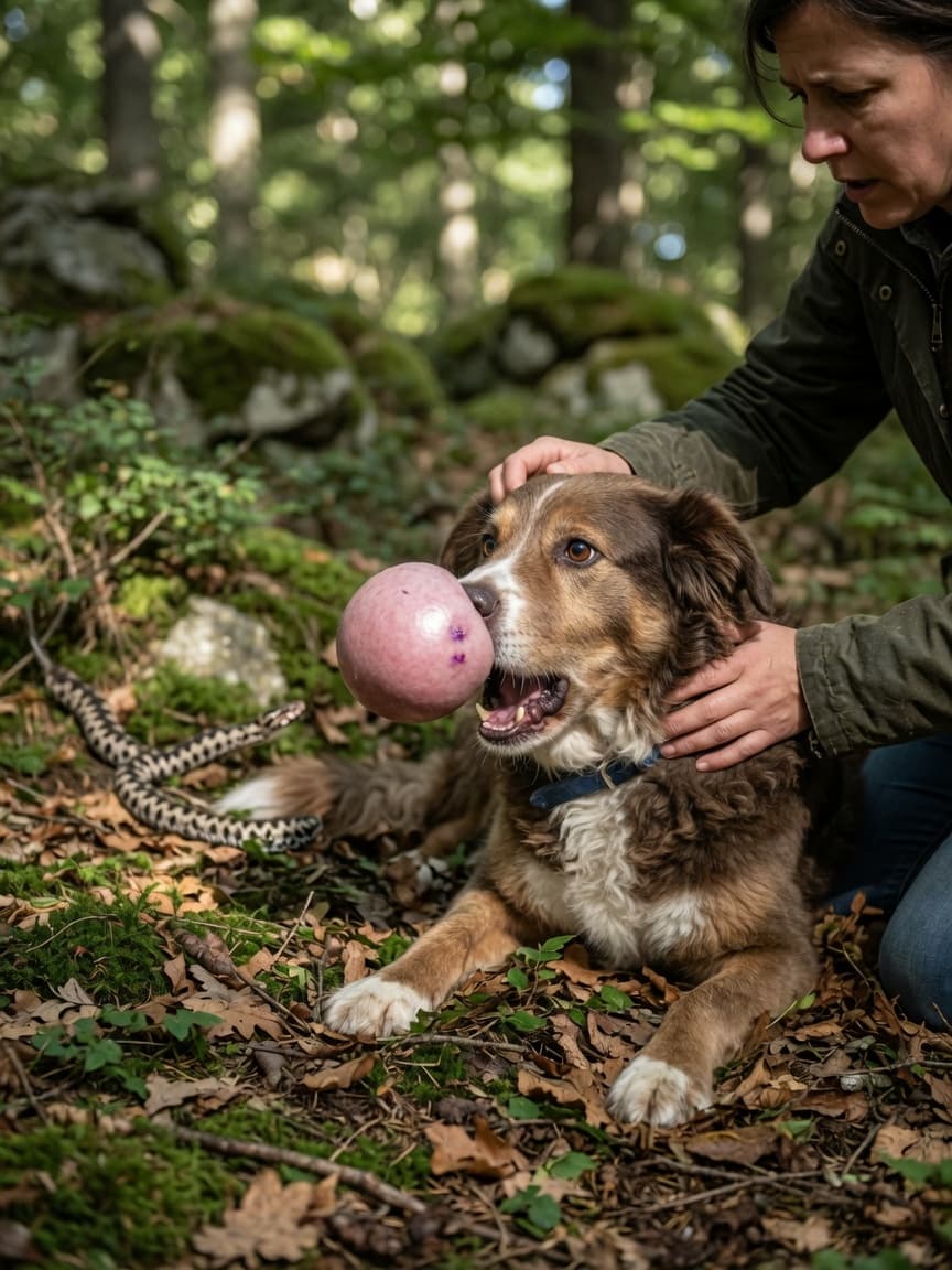 Dog experiencing snake bite with visible swelling on muzzle, owner restraining it calmly in forest setting