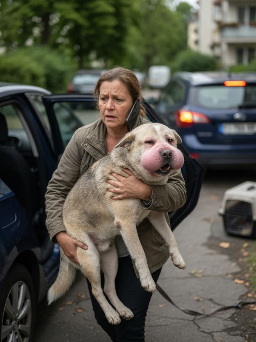 Owner urgently carrying a dog with visibly swollen facial tissue toward a car in an emergency situation
