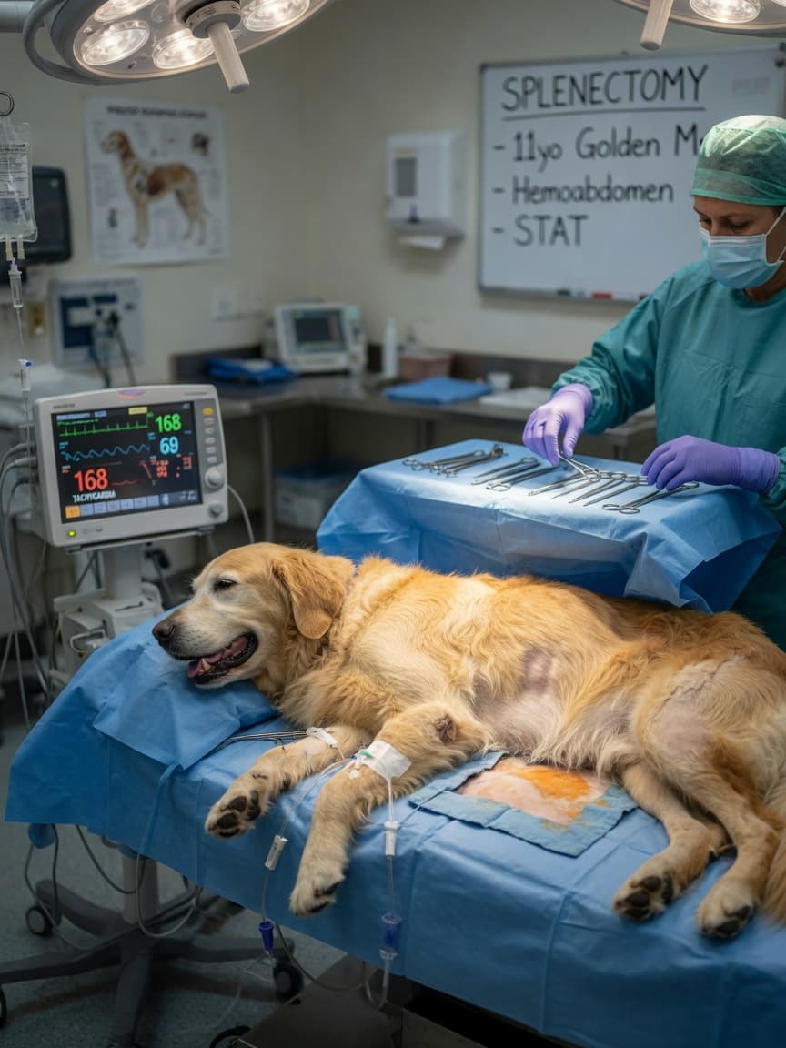 Emergency splenectomy in progress: senior Golden Retriever under anesthesia on surgical table with IV fluids running and veterinary surgeon preparing for life-saving surgery