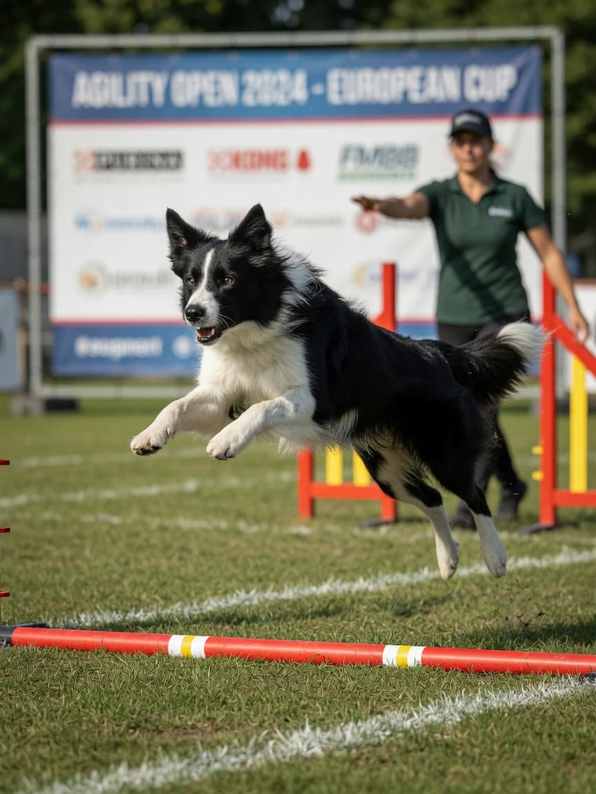 Black and white Border Collie jumping over a red agility pole outdoors