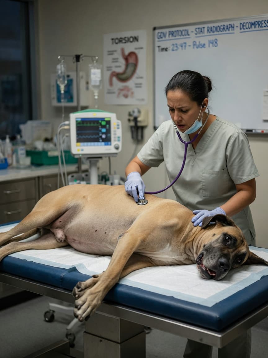 Emergency veterinary examination of a distressed large dog with visibly bloated abdomen during GDV assessment