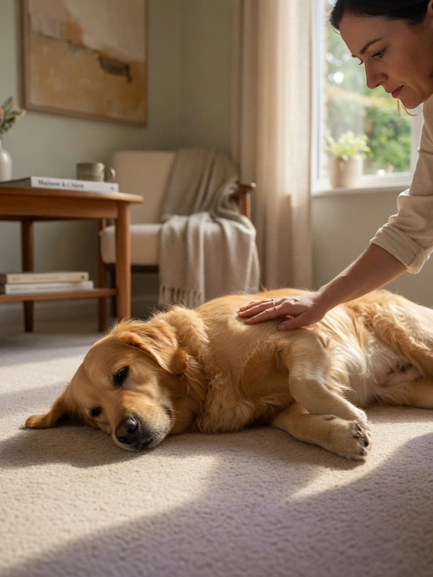Golden retriever owner listening to dog's belly with gentle hand placement in warm home setting