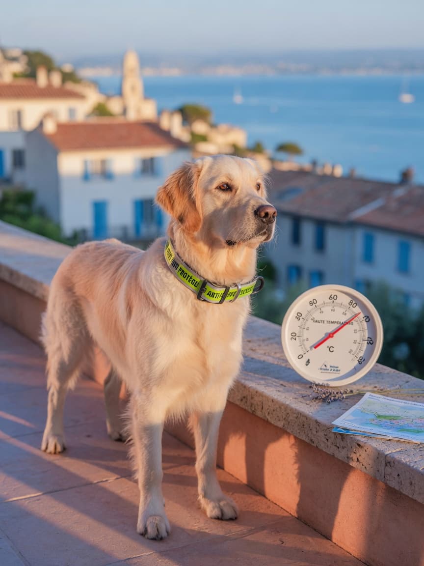 Golden retriever on Mediterranean terrace at sunrise, wearing insect-repellent collar, with coastal landscape and thermometer visible, symbolizing summer dog safety awareness