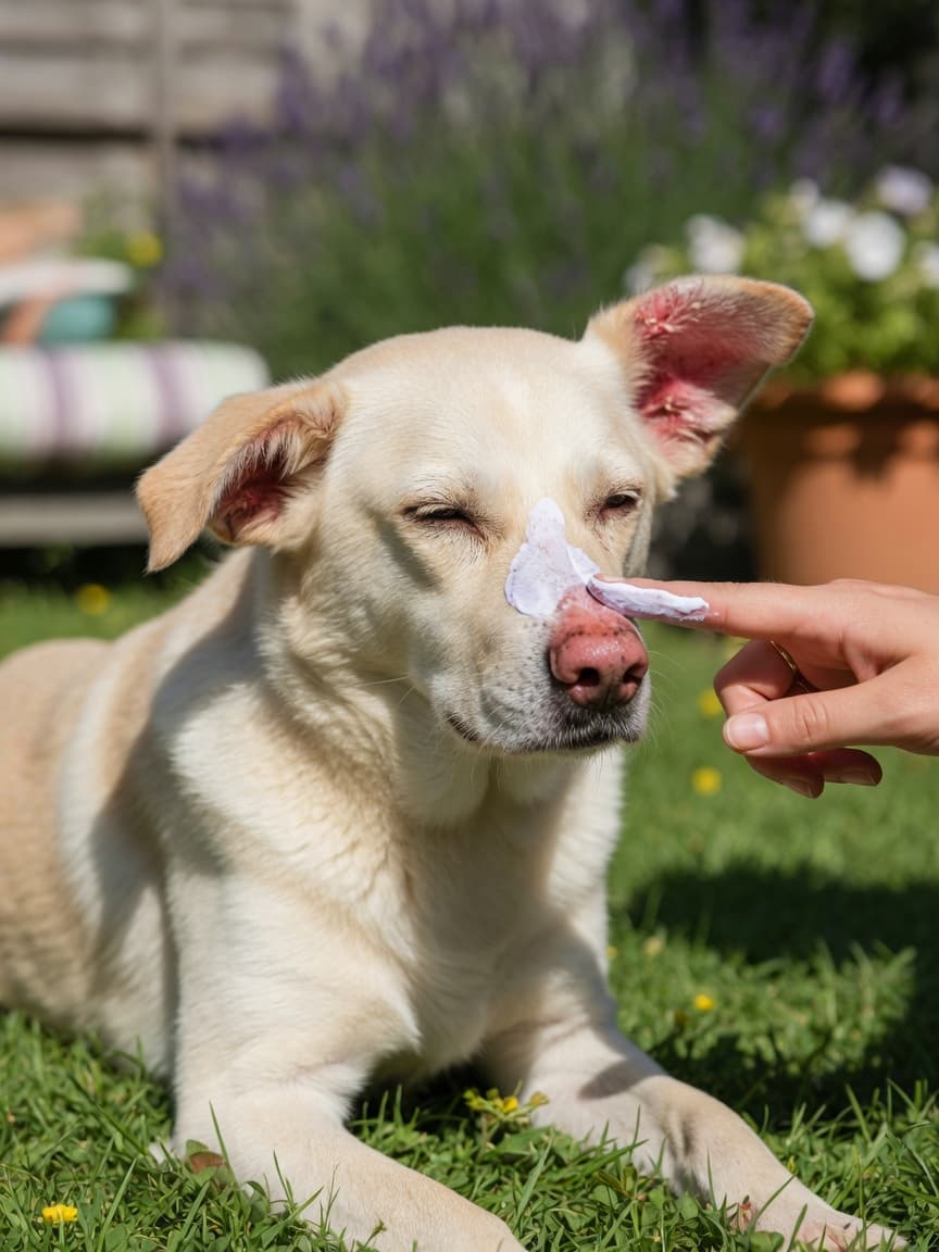 Light-colored dog with sunburned pink nose and ears being treated with sunscreen by owner in bright sunlight