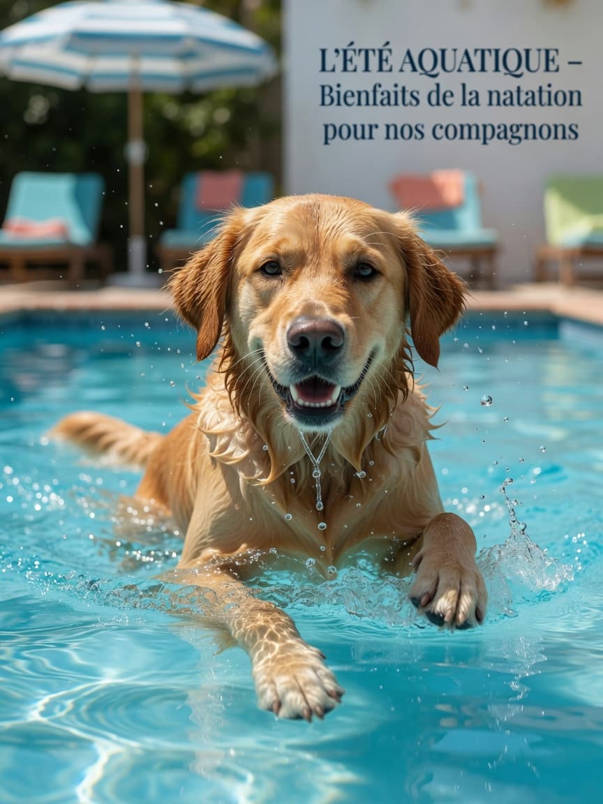 Golden retriever swimming in a clear blue pool with visible water splashing, demonstrating confident swimming technique