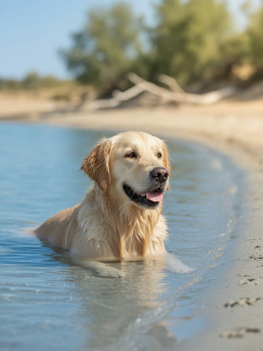 Golden Retriever swimming contentedly in shallow blue water at a sandy beach