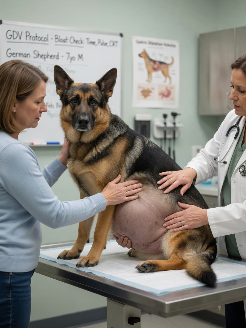 Veterinarian examining a German Shepherd's swollen abdomen during a clinical examination