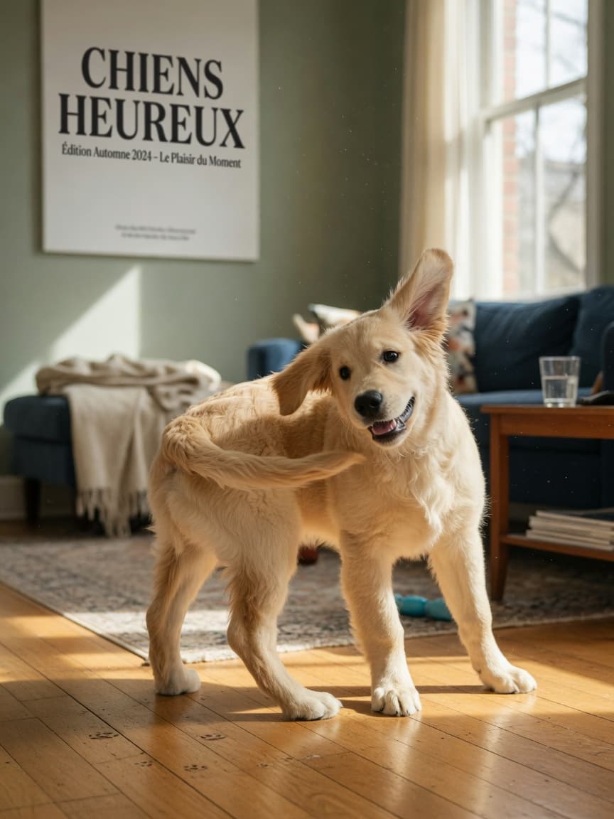 Playful golden retriever puppy chasing its tail indoors with joy
