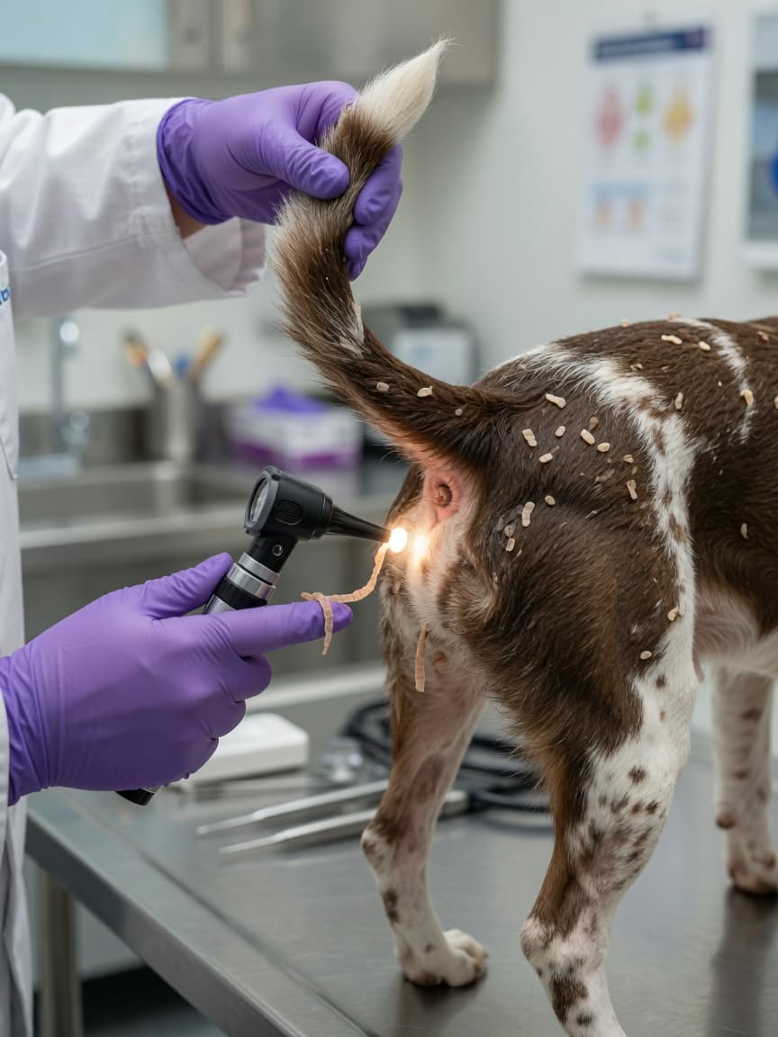 Veterinarian examining a dog's anal area to identify tapeworm segments during clinical inspection