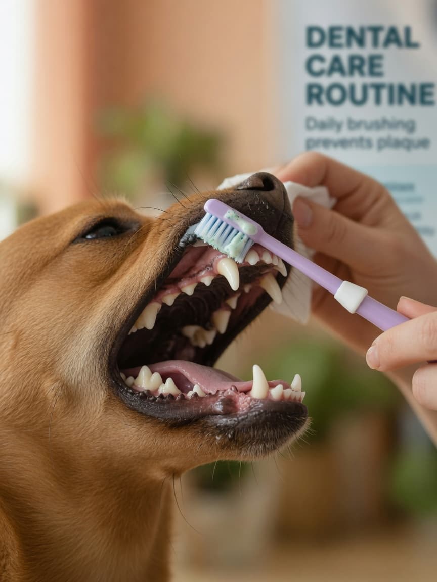 Close-up of a dog's mouth during tooth brushing, showing proper 45-degree angle technique with a dog-specific toothbrush and enzymatic paste