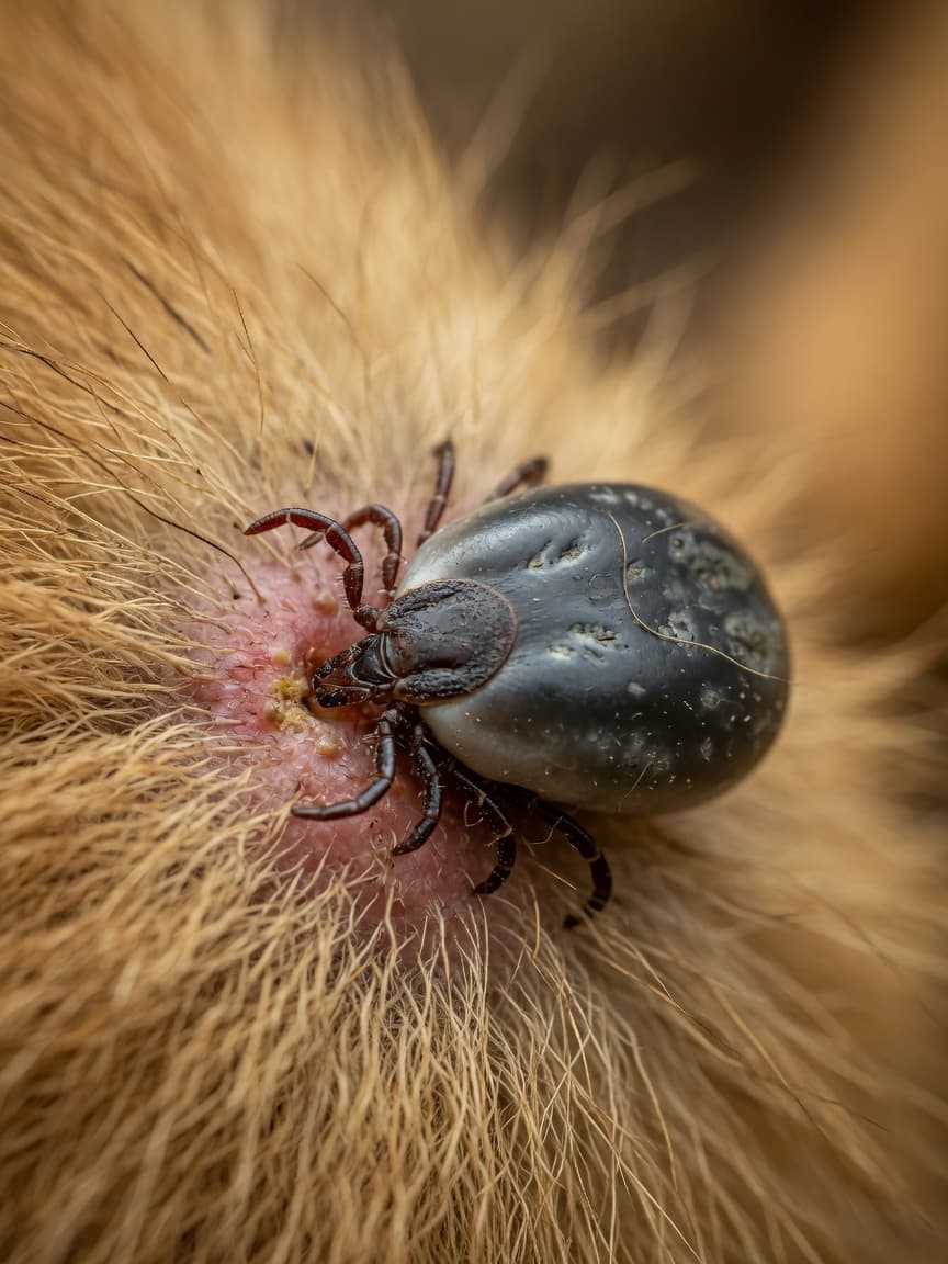 Close-up of an engorged tick attached to a dog's skin with golden fur visible
