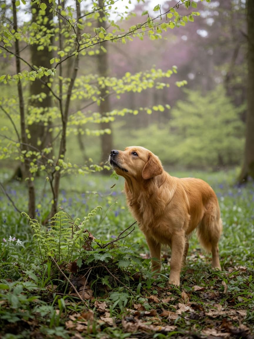 Golden retriever alert in European spring woodland with low vegetation where ticks thrive