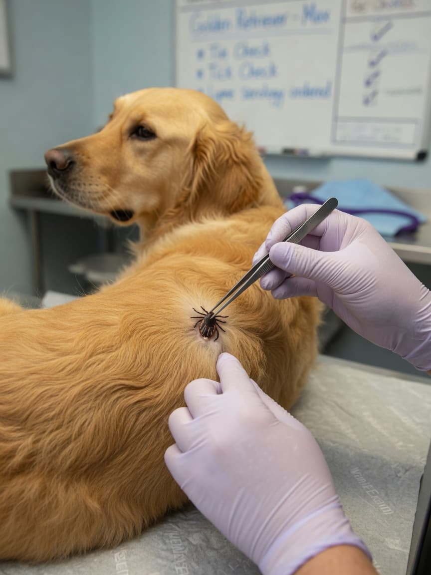 Close-up of a veterinarian using fine-tipped tweezers to safely remove a tick from a golden retriever's shoulder with steady straight-out pressure, demonstrating correct tick removal technique.