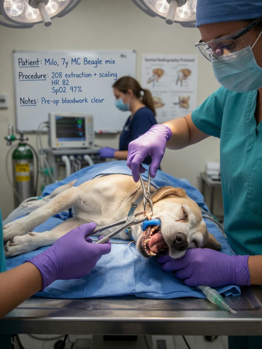 Veterinary dentist performing tooth extraction surgery on an anesthetized dog under surgical lighting