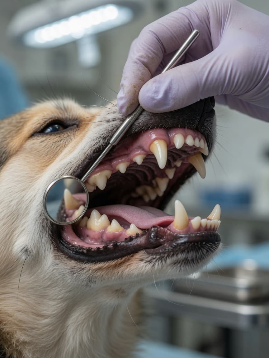 Veterinary dentist examining a dog's teeth and gumline with a dental mirror during oral examination