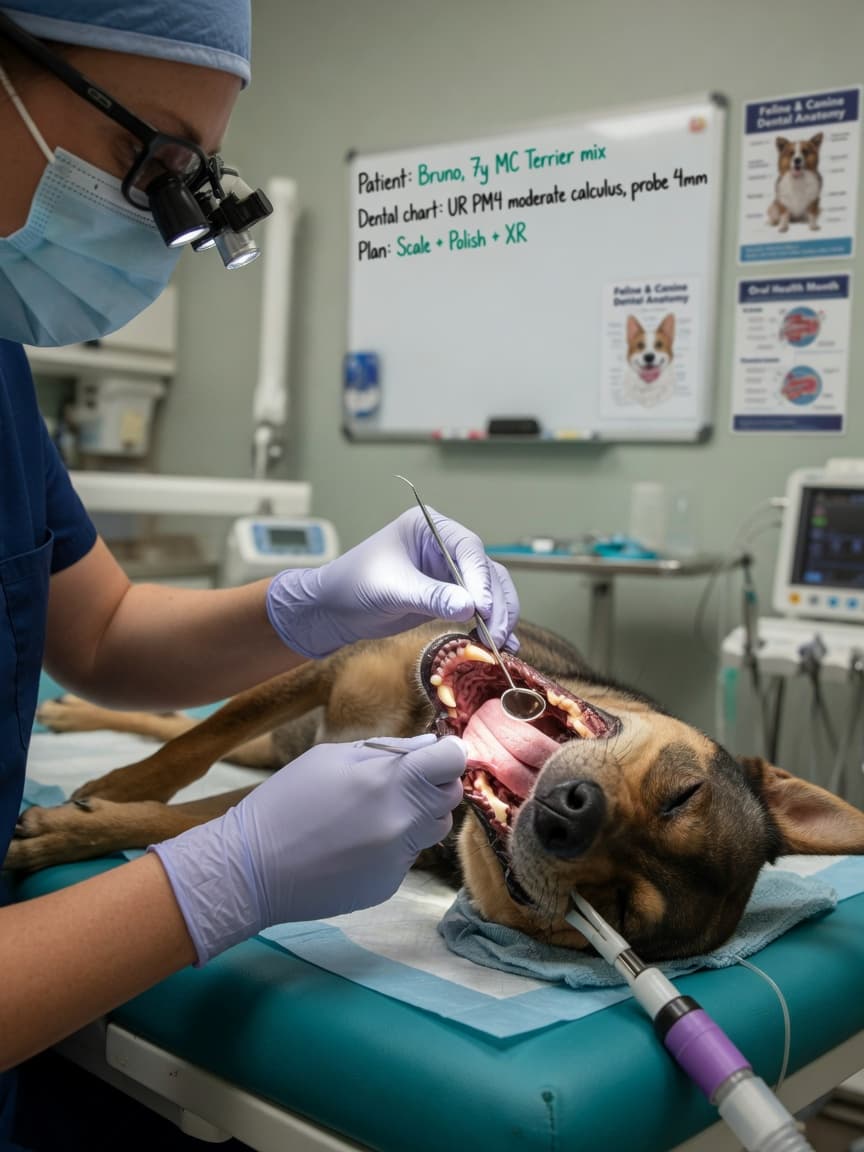 Veterinary dentist performing oral examination on an anesthetized dog, inspecting the upper carnassial tooth area with dental instruments