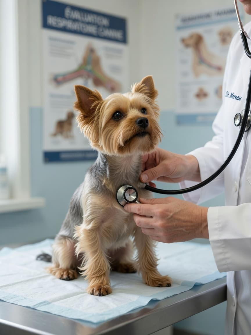 Veterinarian examining a small tan Yorkshire Terrier's throat and chest with a stethoscope during a tracheal collapse evaluation
