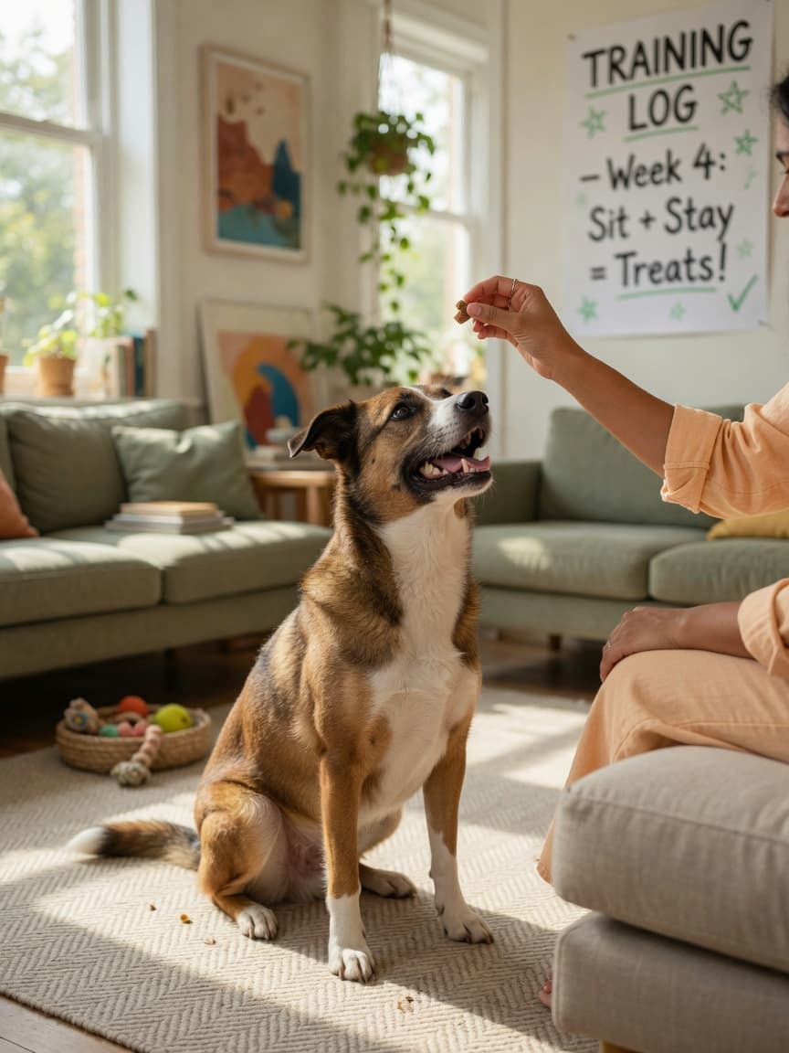 A mixed-breed dog performing a sit command during a positive reinforcement training session with its owner in a sunny living room