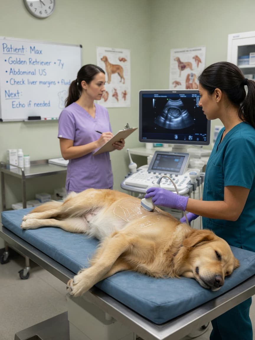Veterinarian performing ultrasound scan on a relaxed golden retriever lying on examination table in modern veterinary clinic