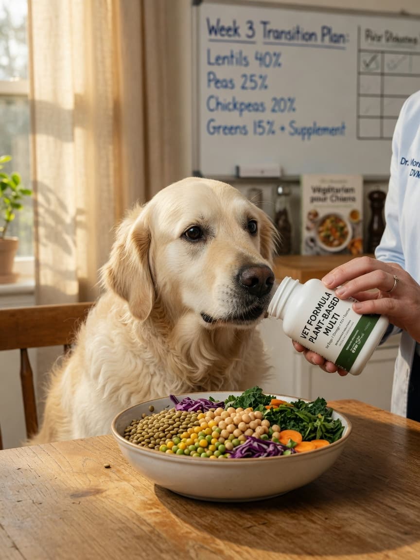 Golden retriever examining a bowl of plant-based diet ingredients with veterinarian's hand offering supplement guidance