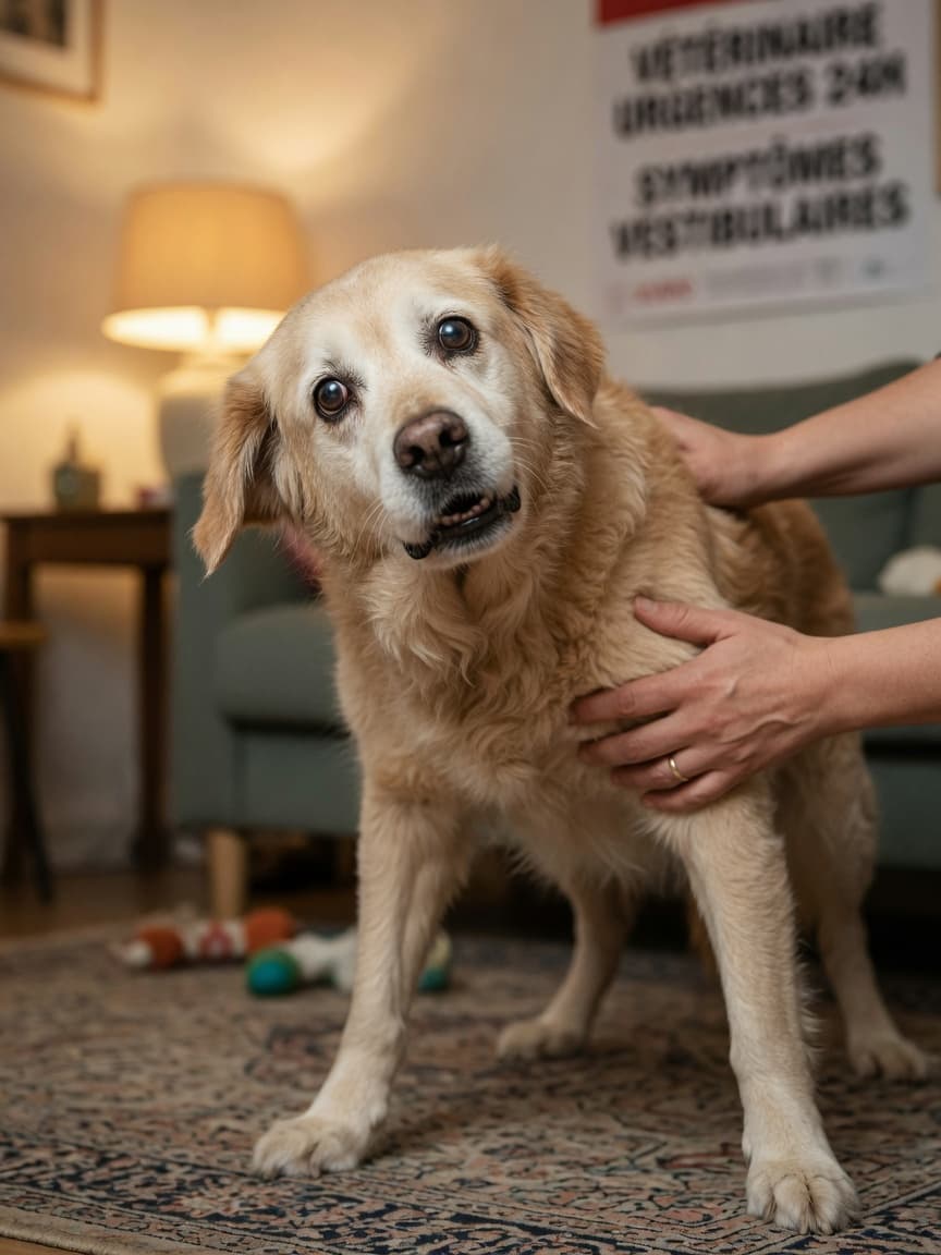 Senior dog with head tilt showing signs of vestibular disease, owner's hands gently supporting the disoriented dog indoors