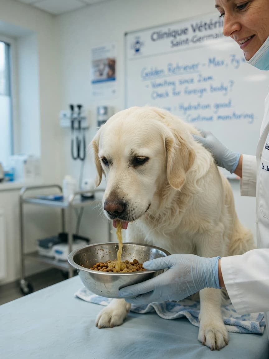A golden retriever being examined by a vet during a vomiting episode in a clinical setting