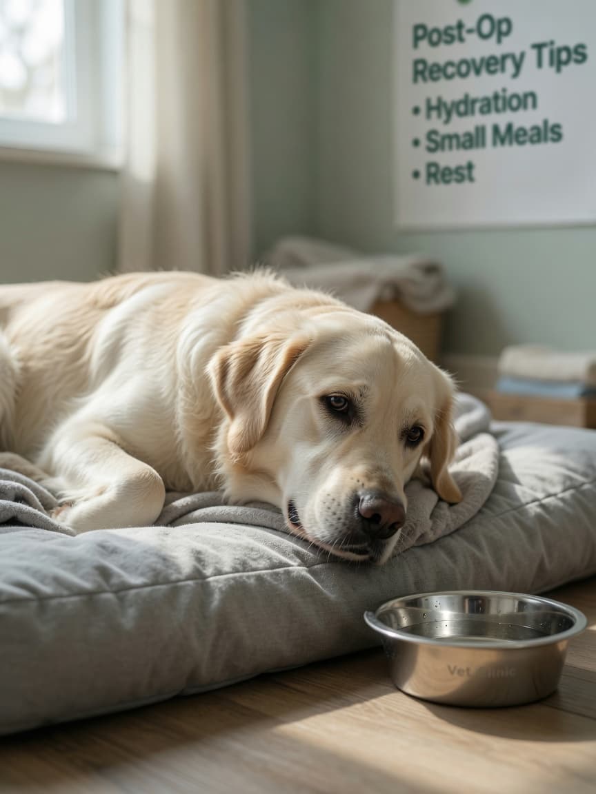 A golden retriever with cream coat lying on a soft bed, looking uncomfortable and nauseous, with an empty metal bowl on the floor beside it