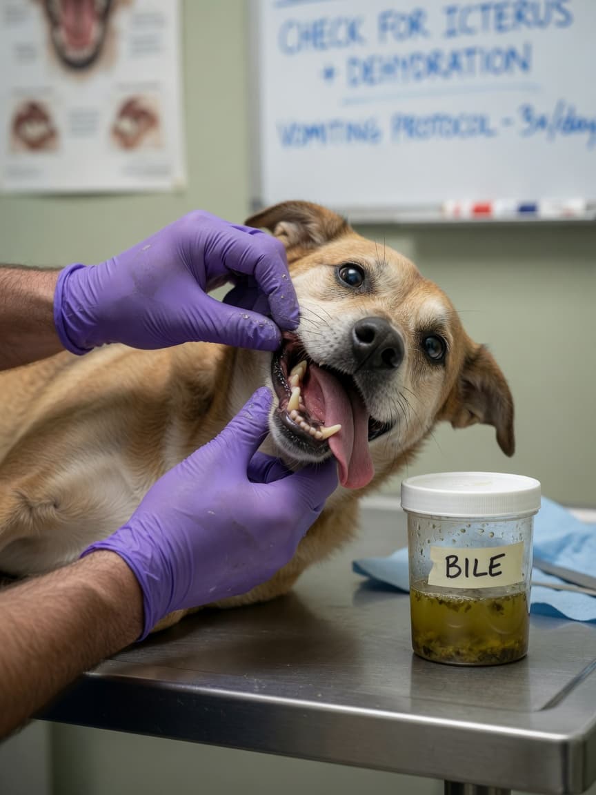 Veterinarian examining a dog's mouth during examination with a specimen container of vomit sample on the table