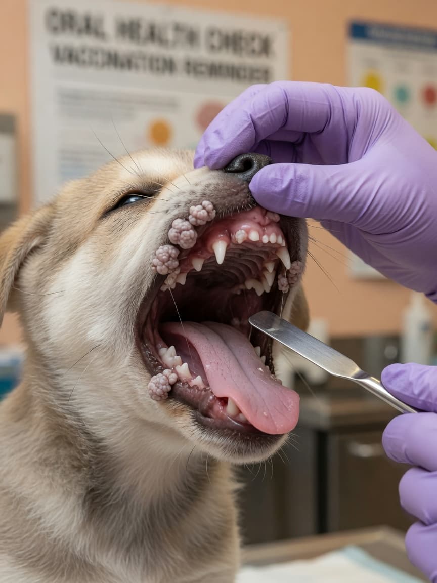 Veterinarian examining a young puppy's oral papillomas inside the mouth during a clinical examination