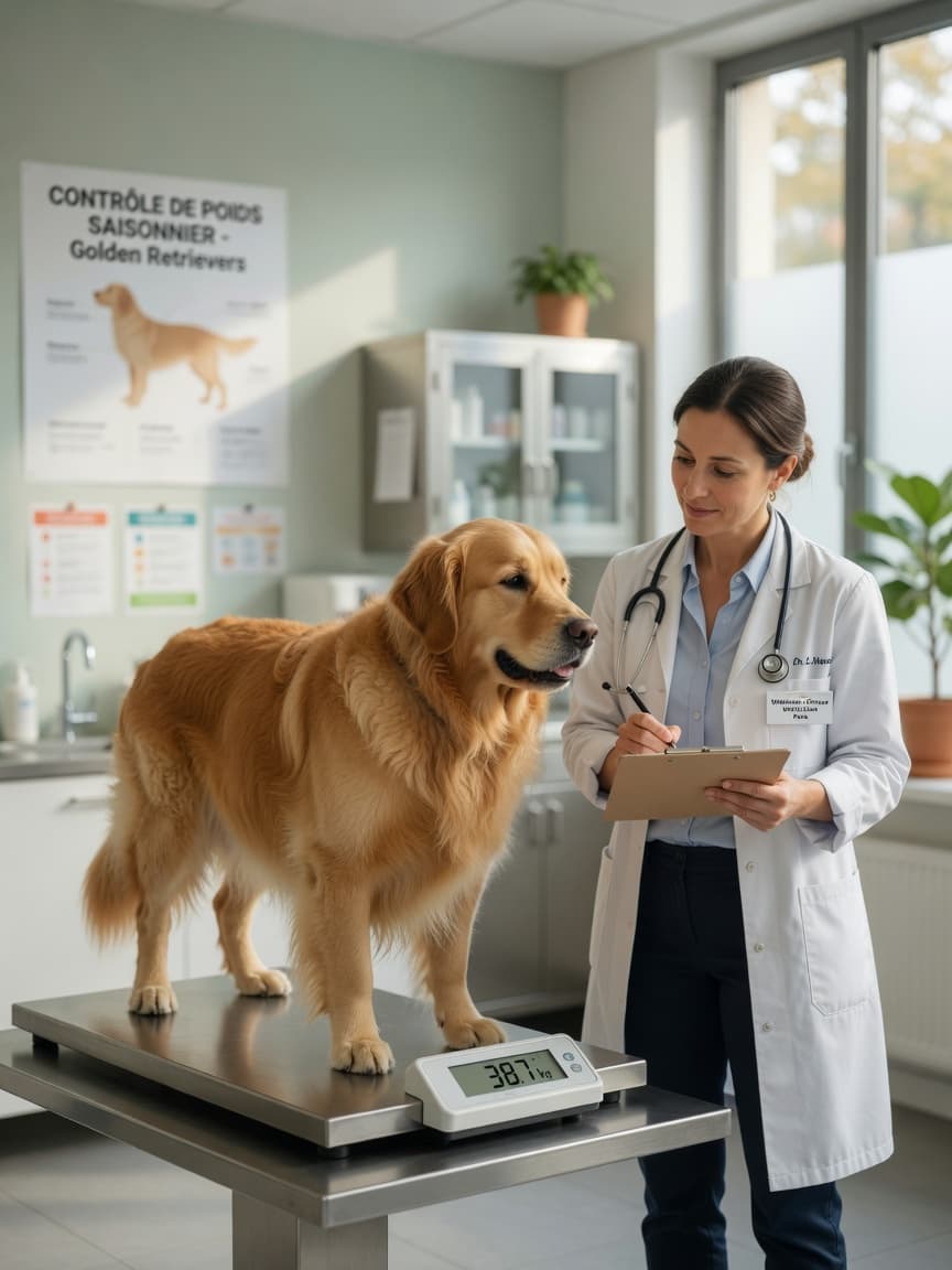 Overweight golden retriever standing on a veterinary scale with a veterinarian taking measurements and notes