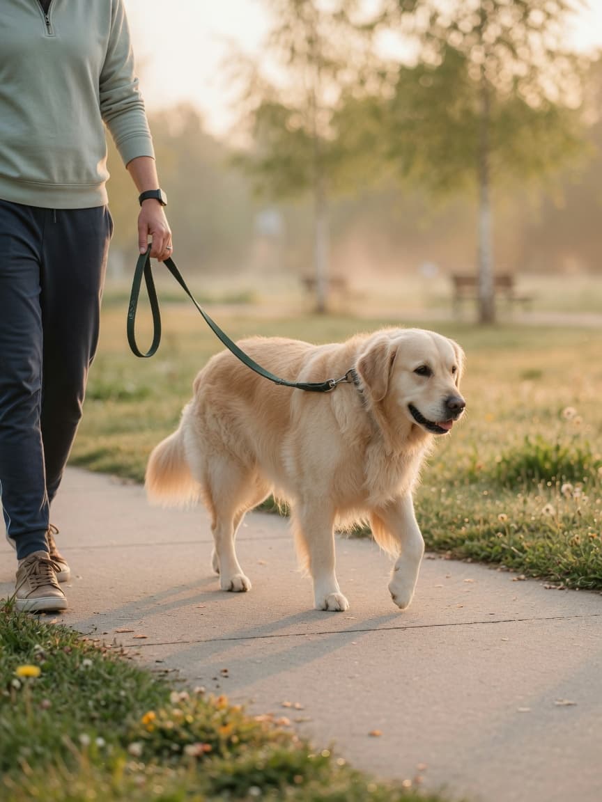 Overweight golden retriever walking slowly on a flat path during early morning, handler at relaxed pace without pulling the lead